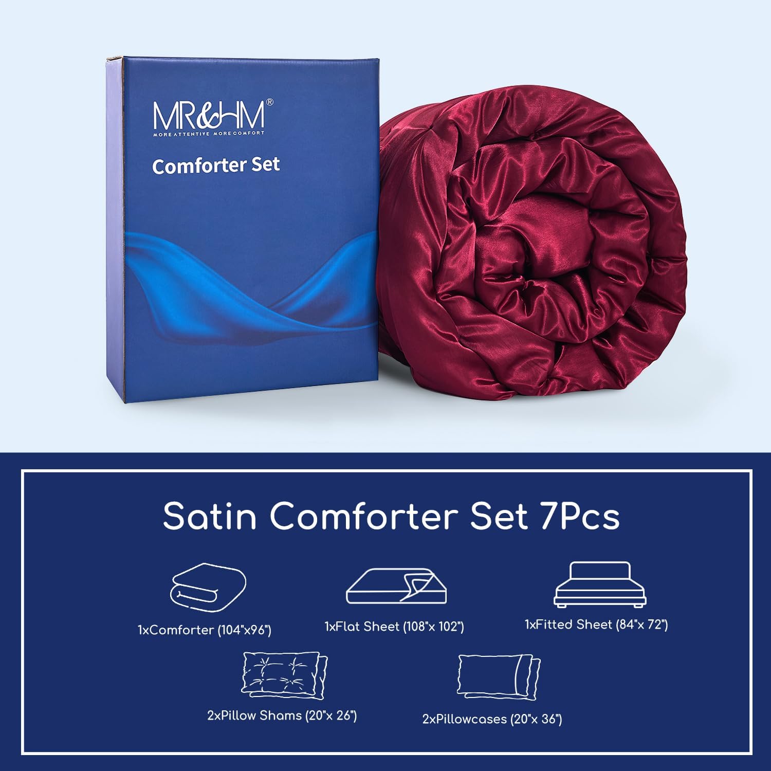 MR&HM Edredón de satén tamaño California King de 8 piezas, lujoso juego de ropa de cama plisada con edredón, sábanas, falda de cama, fundas de