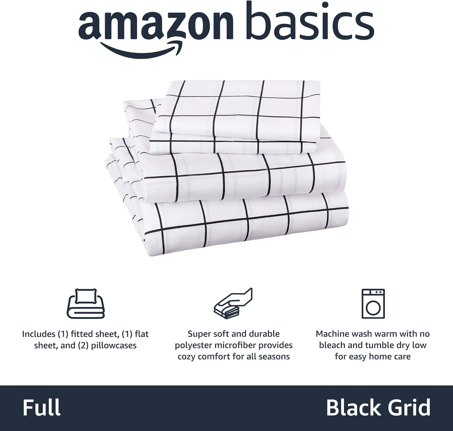 Tienda Basics Juego de sábanas de microfibra suave de 4 piezas con bolsillos laterales elásticos, matrimonial, cuadrícula negra, geométrico