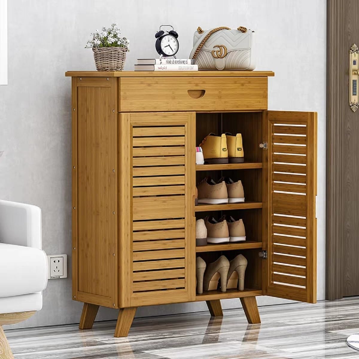 Gdrasuya10 Gabinete de zapatos de bambú para entrada, organizador de zapatos de 5 niveles con puertas, estantes de zapatos medianos de pie libre
