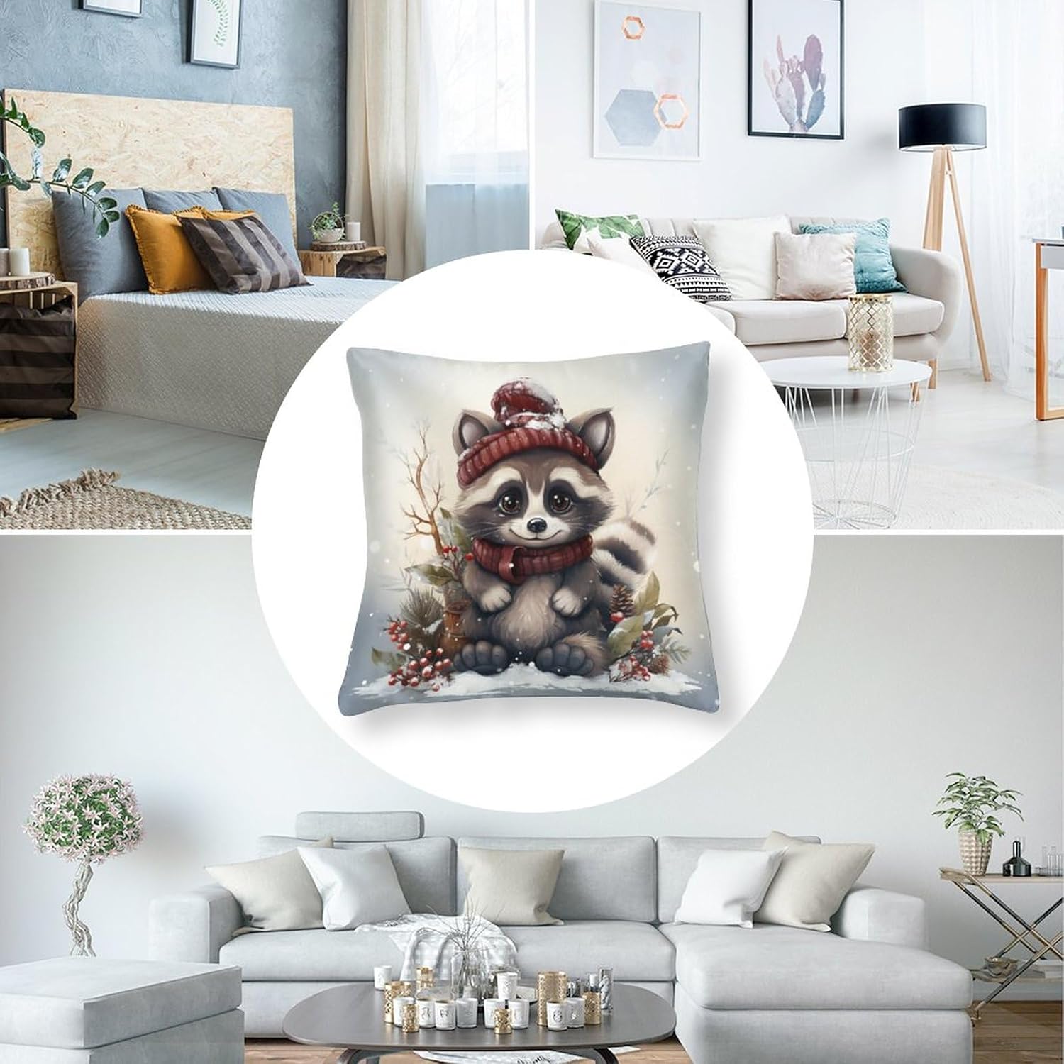 Fundas de almohada de satén con diseño de mapache de dibujos animados, Navidad, nieve, invierno, funda de almohada cuadrada de bosque natural con