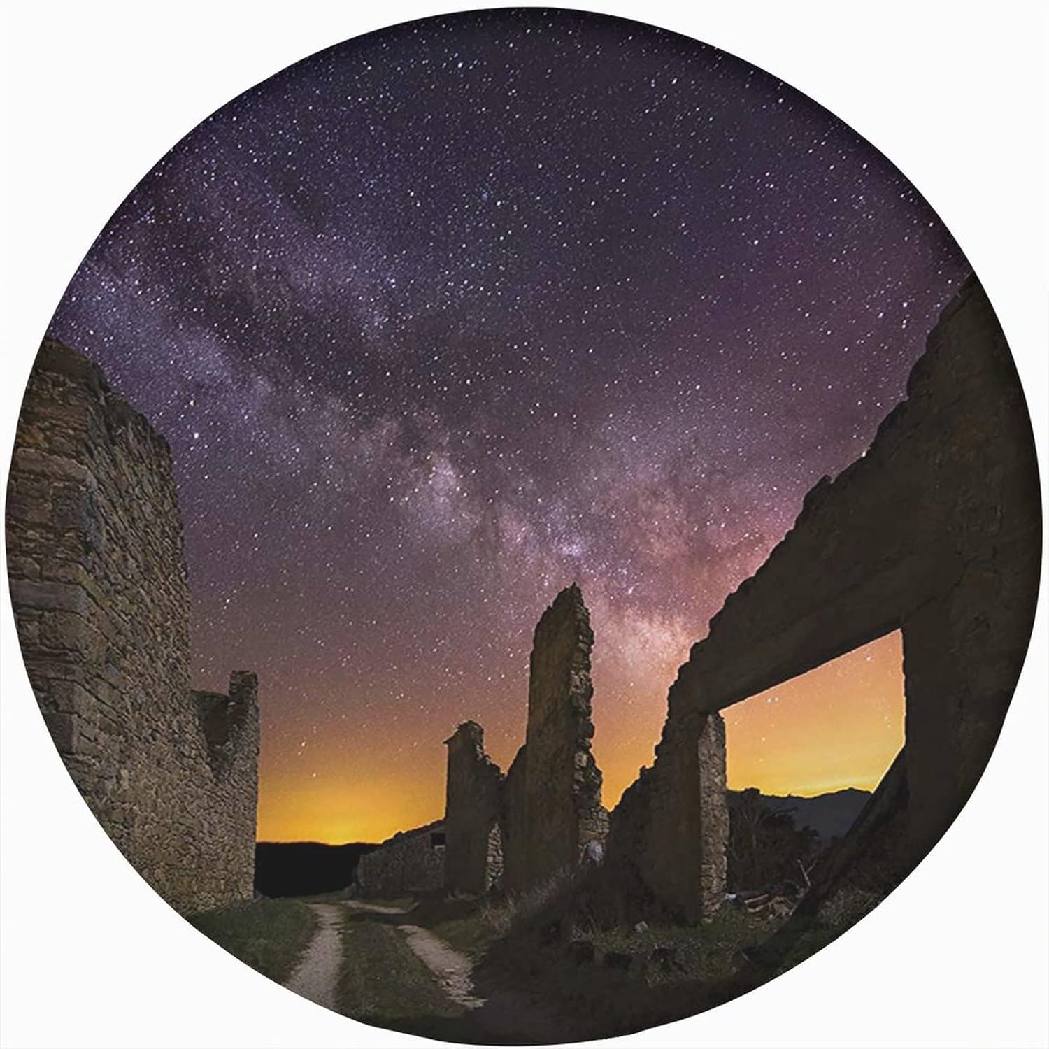 Landscape Round Fitted Tablecloth with Elastic Edge,Antique Ruin at Starry Night Celestial Road Roman Print Polyester Table Cloth, XXSmall, Fit
