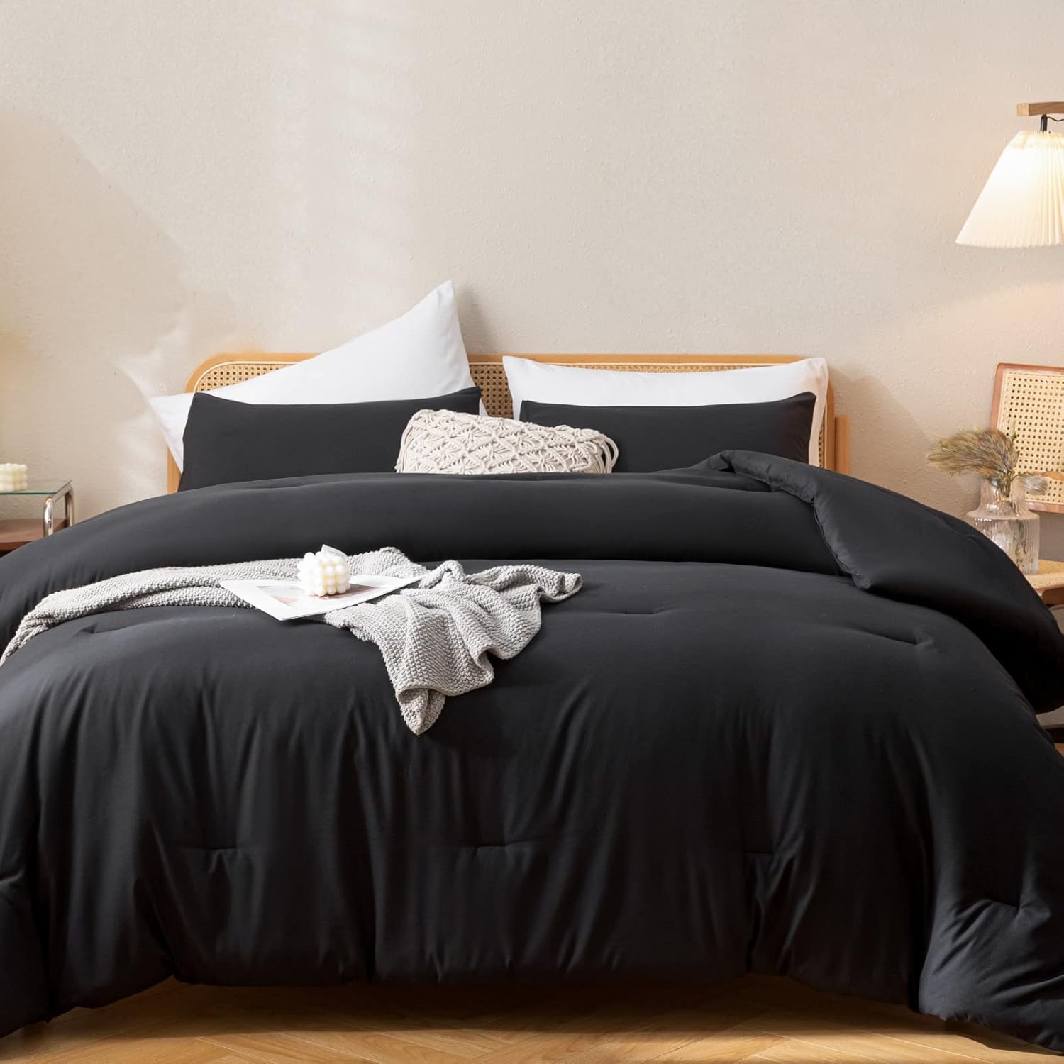 ROSGONIA Juego de edredón tamaño California King, color negro, 3 piezas (1 edredón bohemio Cal King y 2 fundas de almohada), ropa de cama para todas