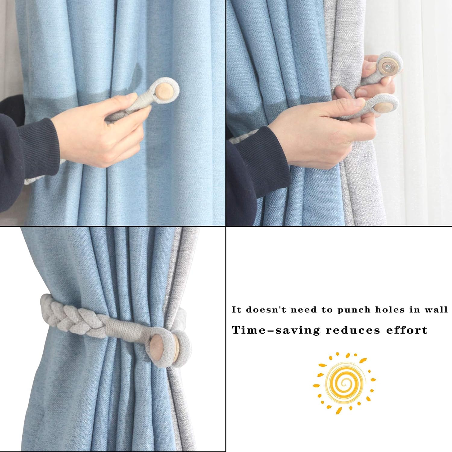 Porlau Paquete de 2 alzapaños magnéticos grises suaves para cortinas, de algodón, tejido a mano, con hebilla de madera, para decoración del hogar y