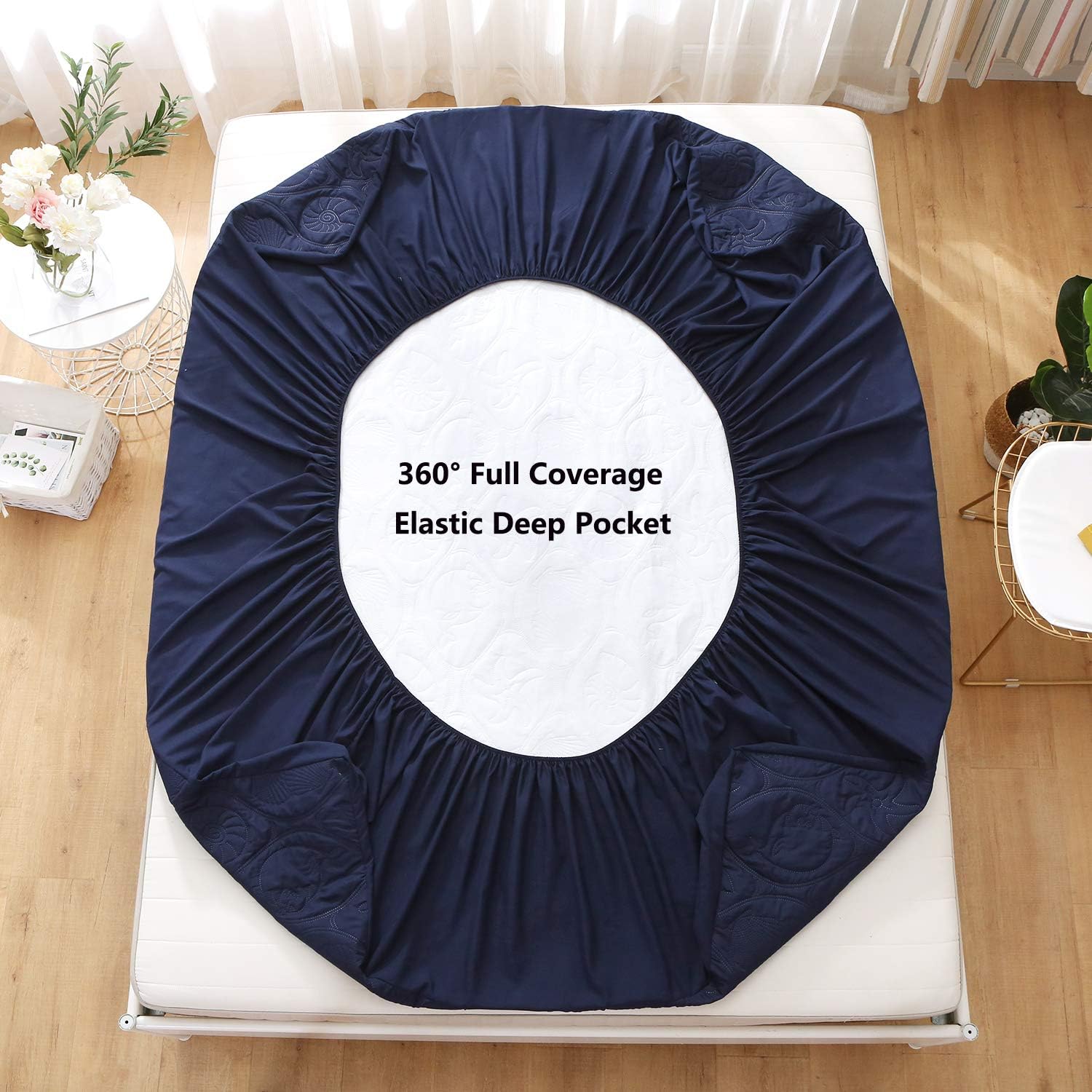 DuShow Protector de colchón impermeable tamaño King, color azul marino, acolchado, funda de colchón estilo sábana bajera ajustable de 18 pulgadas de