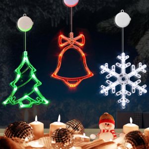 LOLStar Decoración de ventana de Navidad, paquete de 3 cascabeles, árbol de Navidad, copo de nieve con ventosa, función de temporizador y modo de LOLStar Decoración de ventana de Navidad, paquete de 3 cascabeles, árbol de Navidad, copo de nieve con ventosa, función de temporizador y modo de