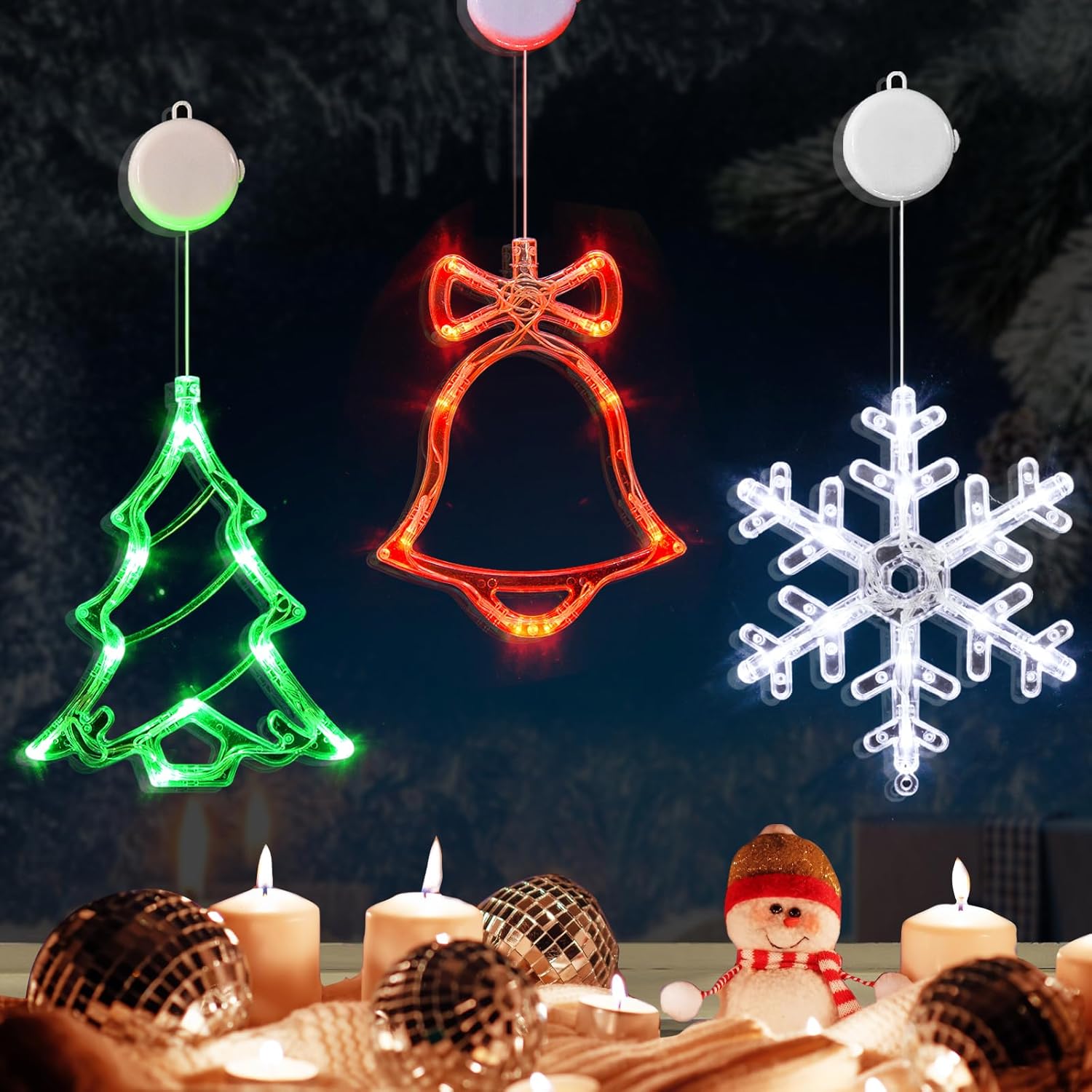 LOLStar Decoración de ventana de Navidad, paquete de 3 cascabeles, árbol de Navidad, copo de nieve con ventosa, función de temporizador y modo de