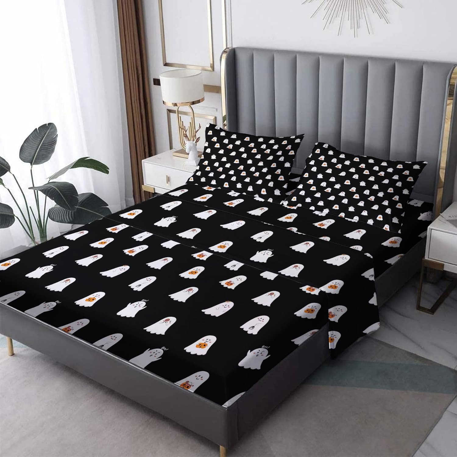 Juego de sábanas de fantasmas tamaño King, sábanas de dibujos animados para niños y niñas, sábanas y fundas de almohada de 4 piezas, sábana bajera