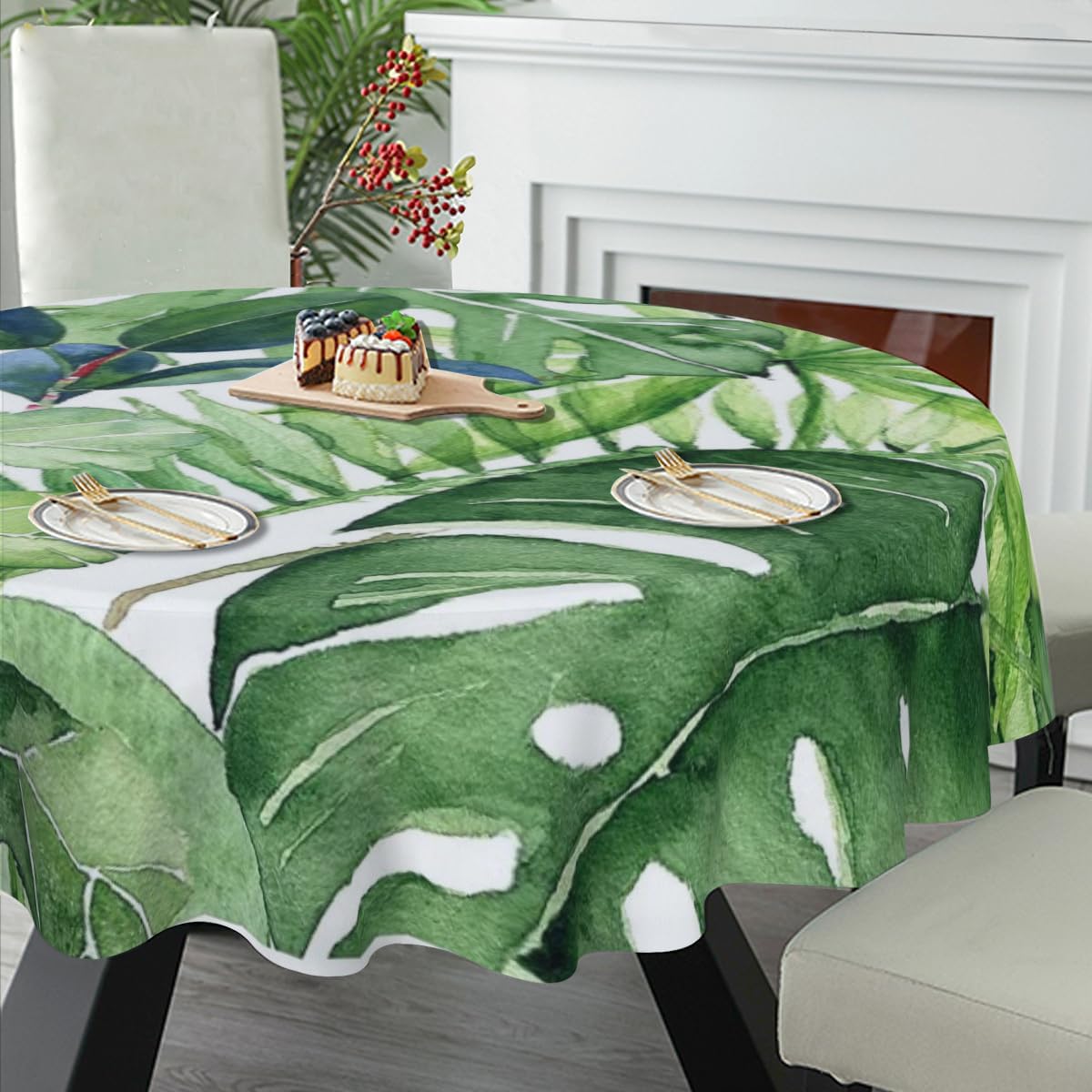 Mantel redondo de hoja de palma tropical de 60 pulgadas, lavable, mantel de hojas de plátano verde de verano para cocina, comedor, fiesta, picnic,