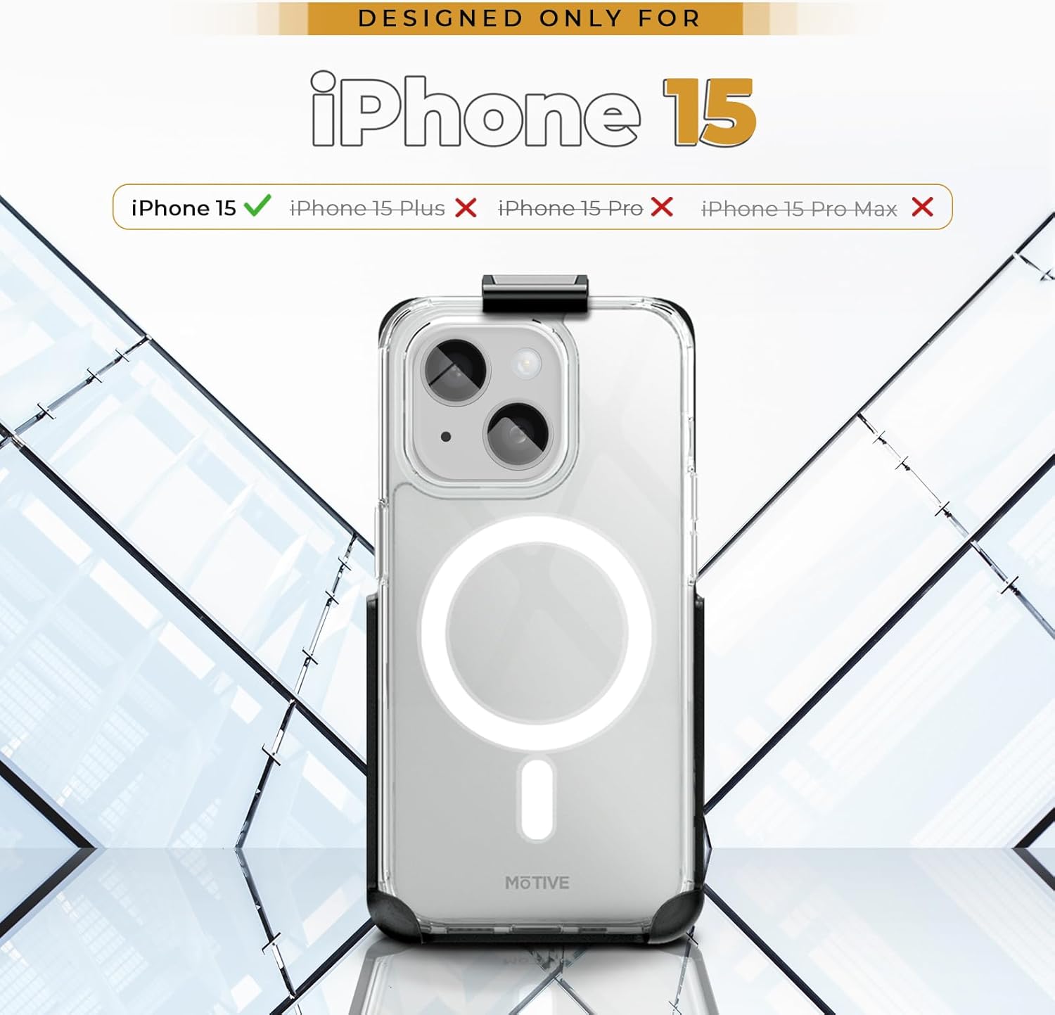 MOTIVE Funda magnética transparente para iPhone 15 con clip para cinturón, (diseñada para Magsafe), protección militar contra caídas, funda delgada