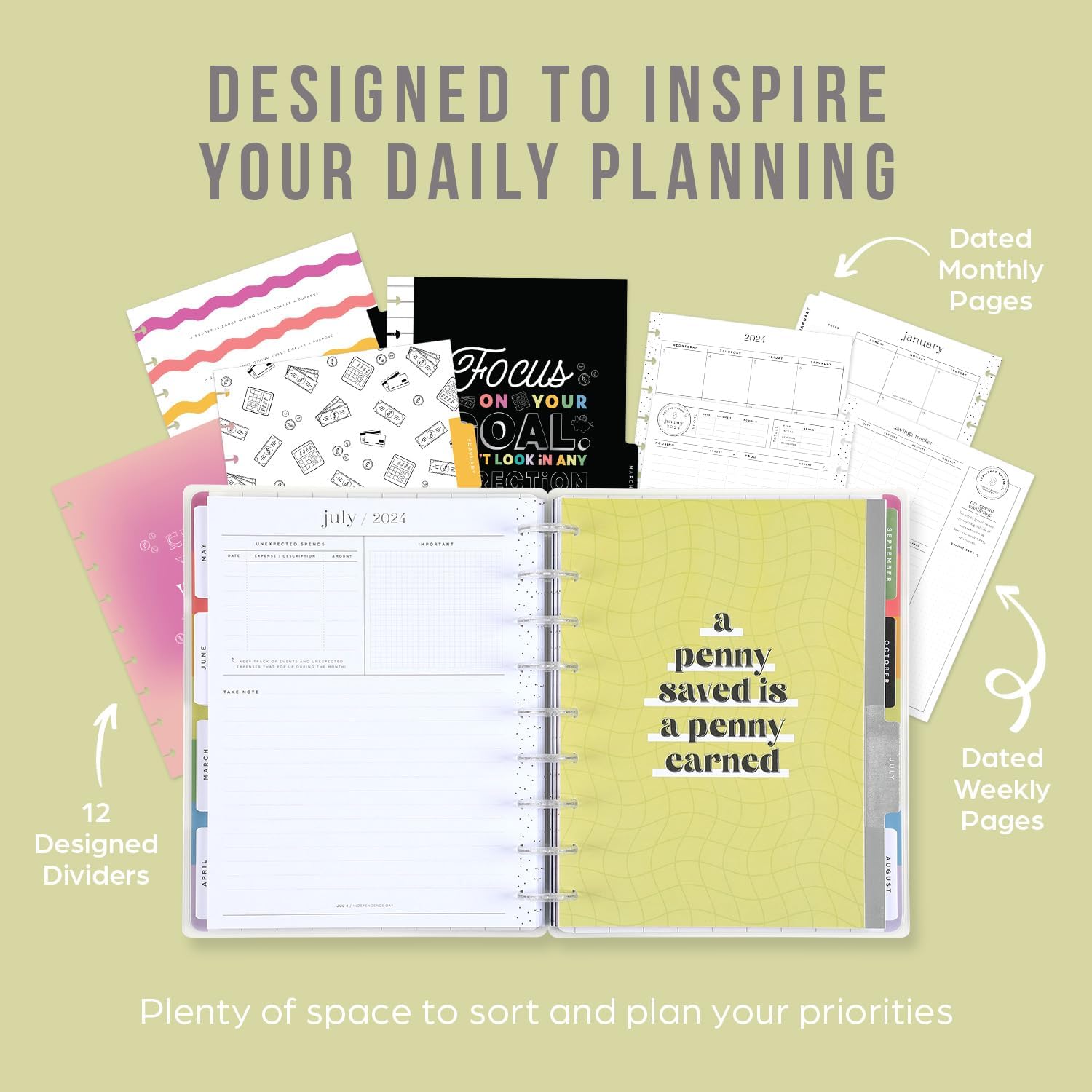 Happy Planner – Agenda de 12 meses, de enero de 2024 a diciembre de 2024 diaria, semanal, mensual, tamaño clásico, diseño de presupuesto, tema de