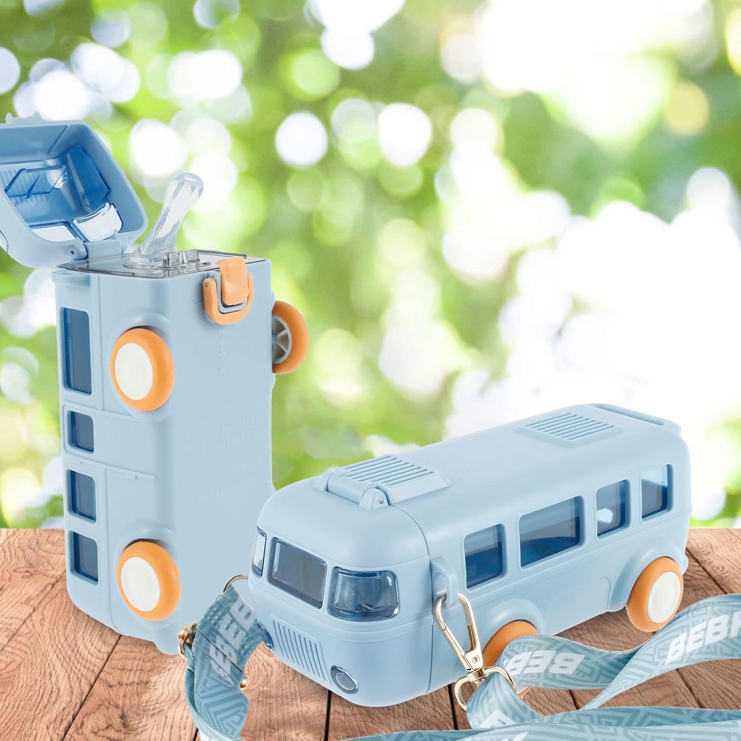 Taza de agua con popote para automóvil, botella de agua de 16 onzas con ruedas, taza de agua portátil en forma de autobús con correa para el hombro,