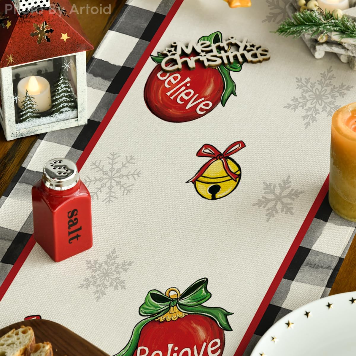 Artoid Mode Buffalo Plaid Gnomo Bell Believe – Camino de mesa de Navidad, decoración de mesa de comedor de cocina de invierno de temporada para