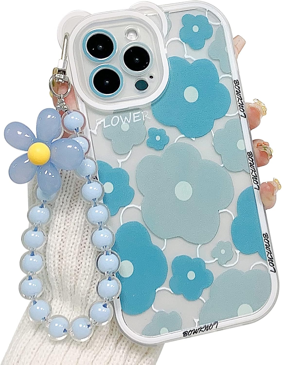 NITITOP Funda compatible con iPhone 12 Pro Max con bonita pulsera de flores, funda transparente para lente de cámara de oso floral para mujeres y