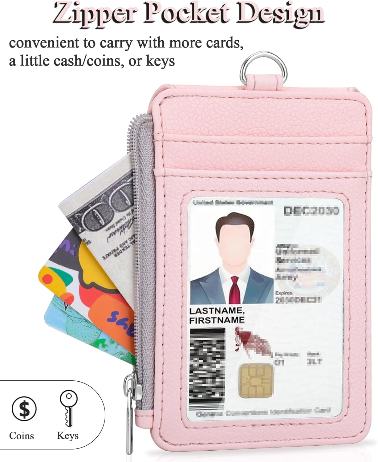 Teskyer Portatarjetas con bolsillo lateral con cremallera, múltiples ranuras para tarjetas, cartera de piel con cordón para el cuello para personal