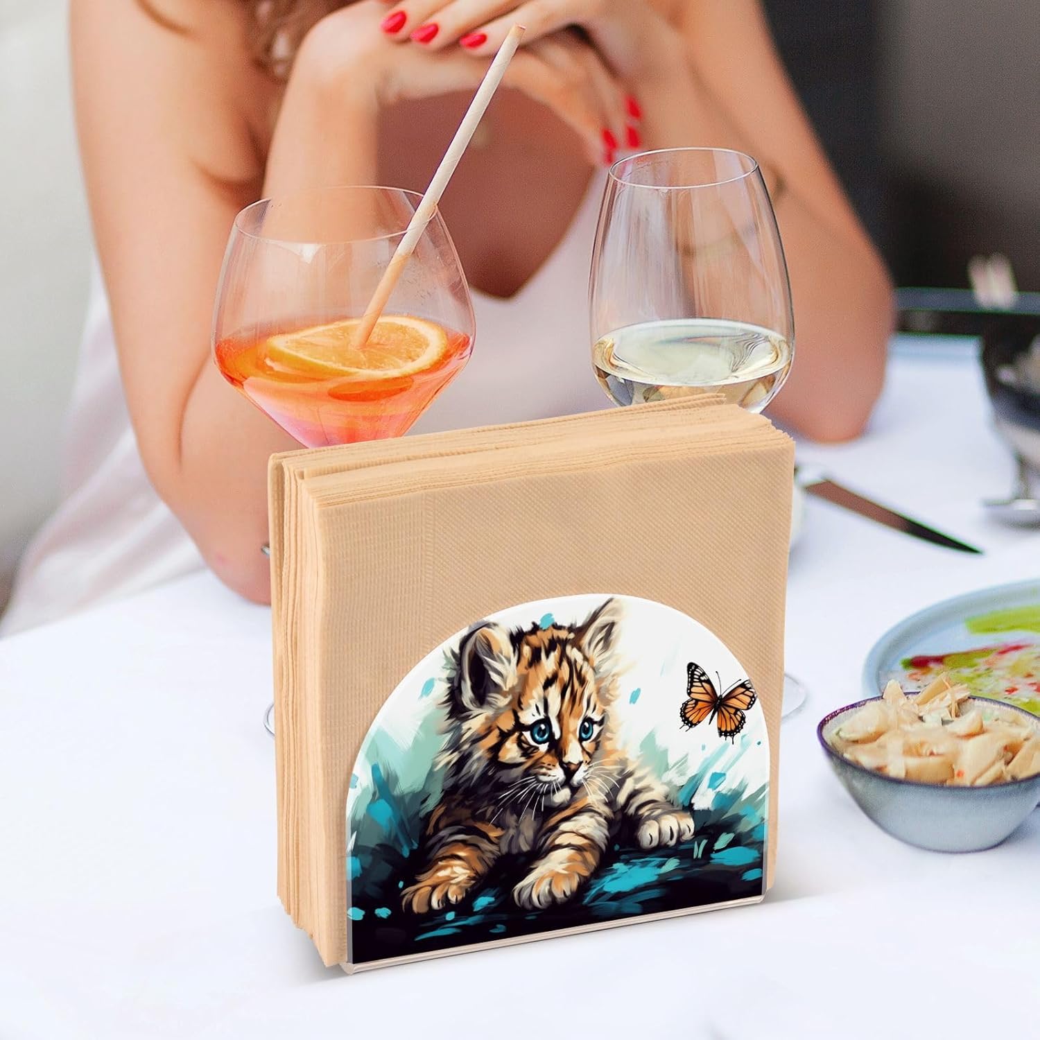 Napkin Holder Cat Plays Butterfly Napkin Holders for Tables, Clear Acrylic Napkin Holders Cocktail Napkin Holder for Kitchen Restaurant Bar Home