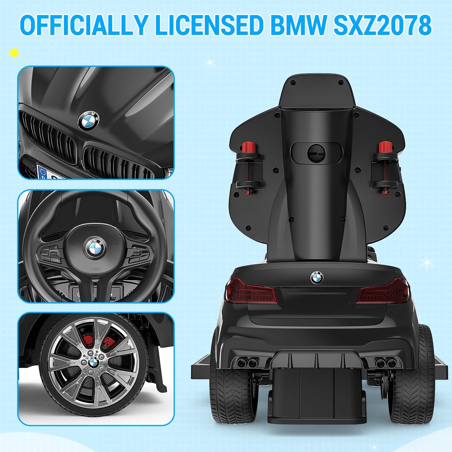 Autos de empuje para niños pequeños de 1 a 3 años, autos 4 en 1 con licencia BMW con bocina, música, luces LED y mango de empuje controlable (negro)
