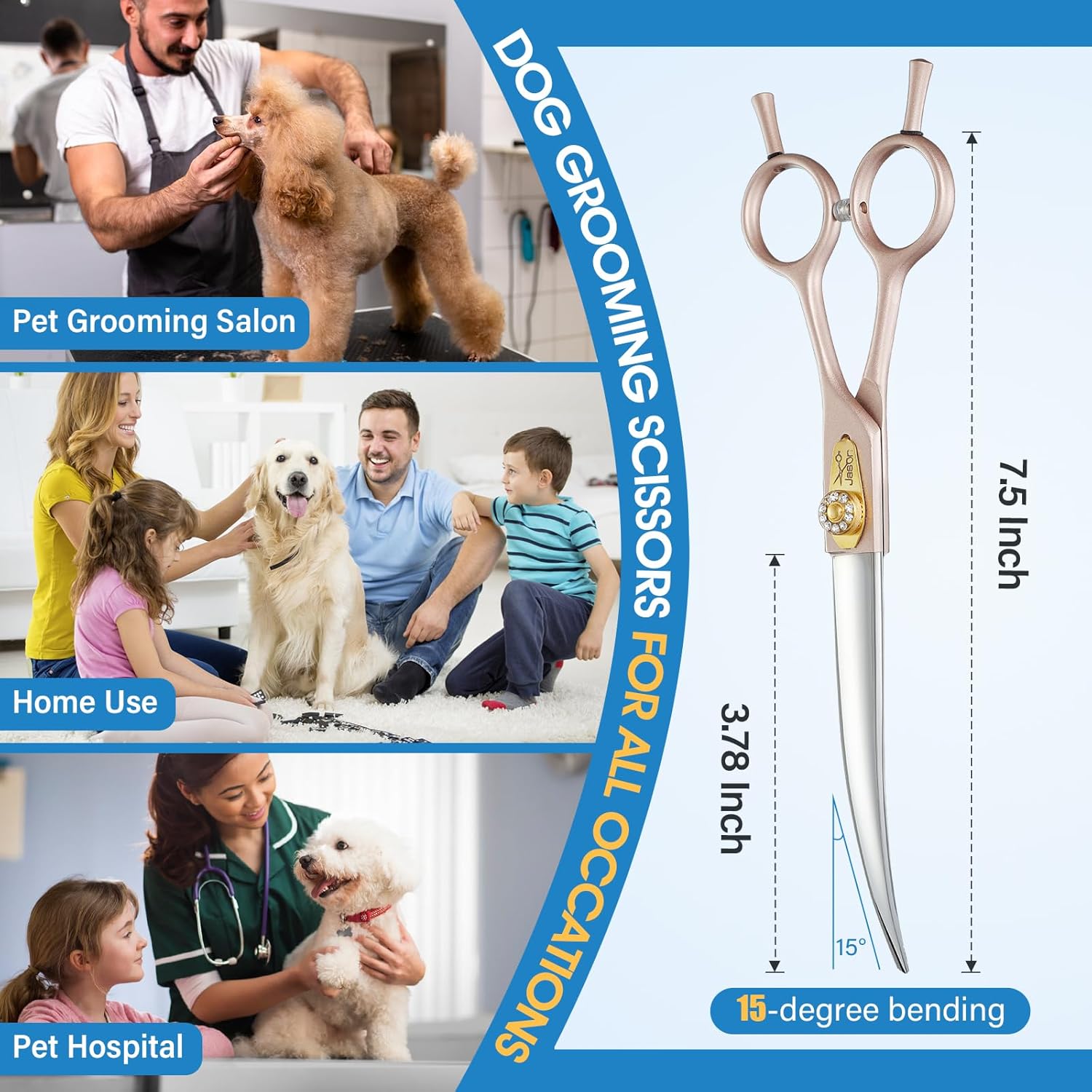 JASON Tijeras de aseo para perros de 7.5 pulgadas, tijeras curvadas profesionales con mango ergonómico, tijeras japonesas de acero inoxidable 440C
