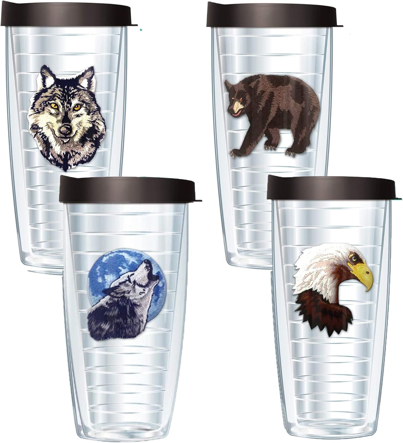 Juego de 4 vasos con tapa negra con diseño de animales salvajes, lobo aullador, oso negro, águila, lobo, vasos aislados de 16 onzas, doble pared,