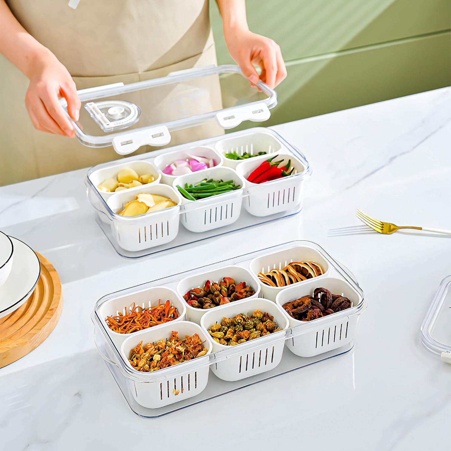 MineSign Paquete de 2 bandejas divididas para servir alimentos con tapas, caja apilable para dulces, frutos secos, especias, frutas y verduras con 6