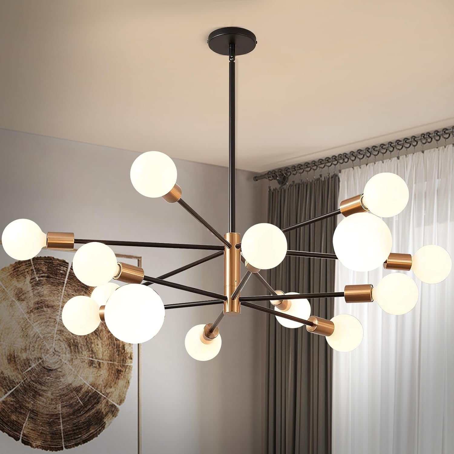 Candelabro Sputnik de 12 luces, lámparas colgantes negras y doradas, moderna lámpara de comedor de granja de latón de mediados de siglo, altura