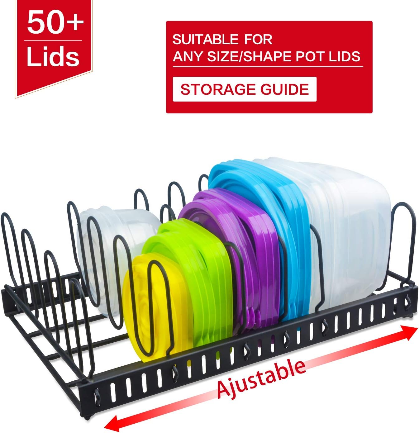 X-cosrack Organizador de tapa de contenedor de alimentos de metal y 6 divisores ajustables para contenedores de almacenamiento, estante de tapa para