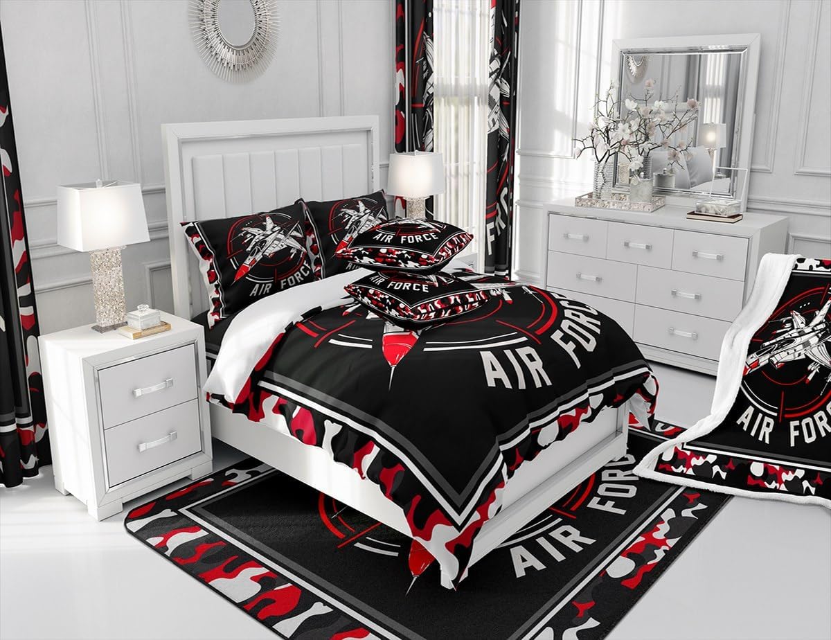 ZZRS2779ZMD-BZ_USF – Juego de edredón de tamaño matrimonial, ropa de cama de 3 piezas con diseño de camuflaje militar, rojo y negro para niños,