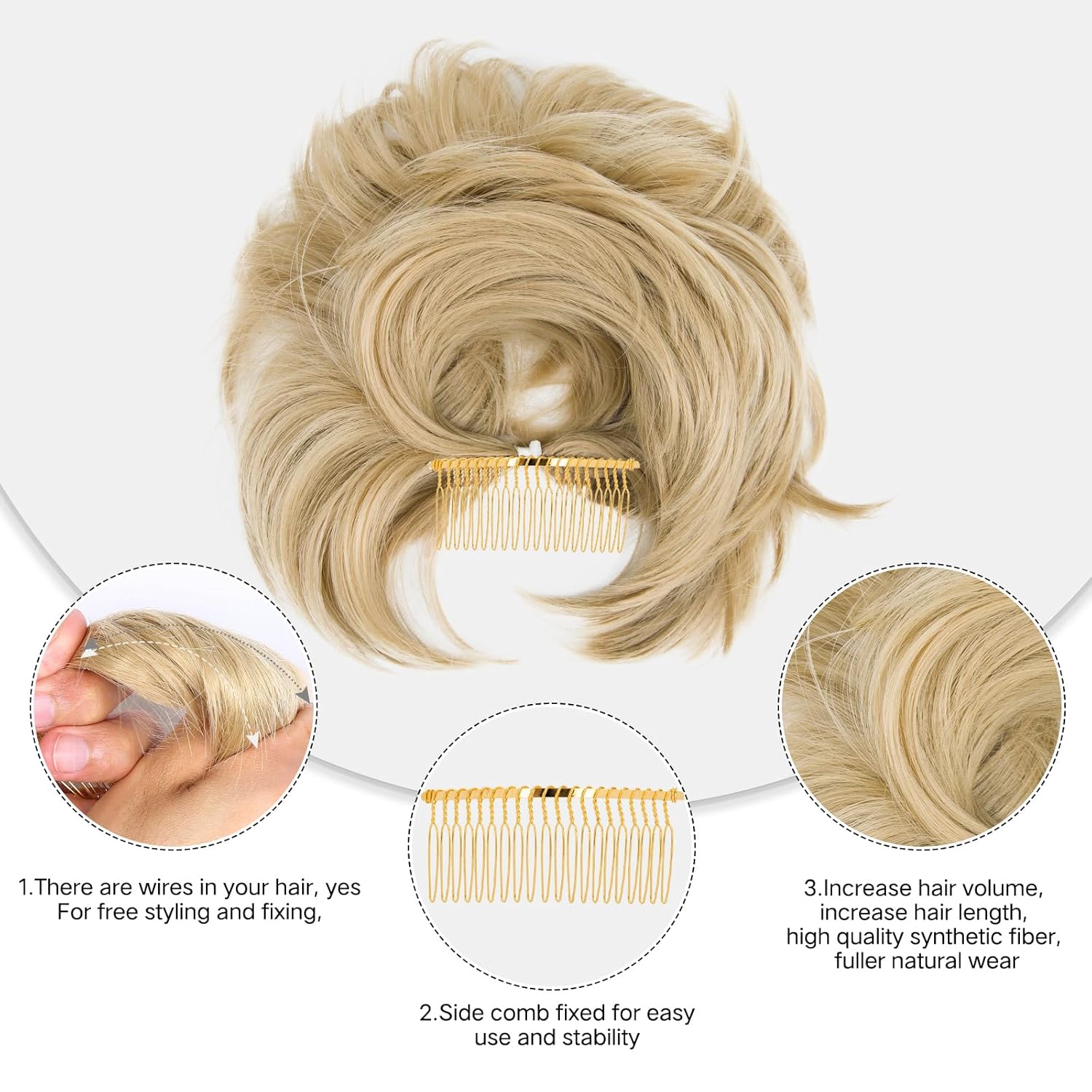 Extensión de cabello con moño desordenado, cola de caballo con peine lateral, color rubio champán, extensión de cola de caballo sintética para mujer