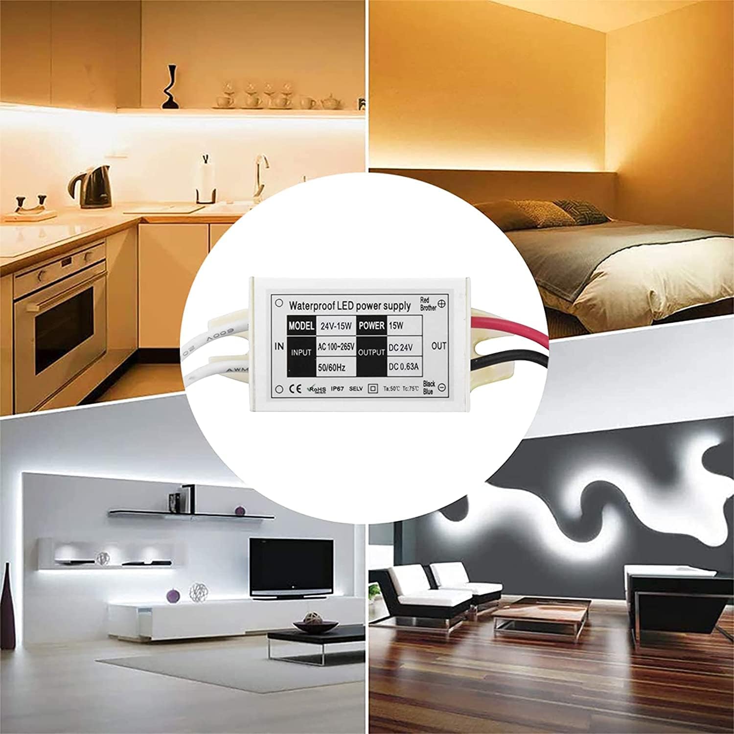 Klarlight – Fuente de alimentación de 24 V, controlador LED de 15 vatios, impermeable Klarlight IP67 DC 24V transformador LED de 110 V CA a 24 V CC,