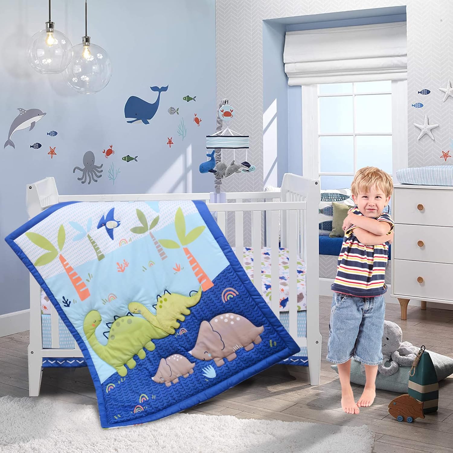Juego de ropa de cama para cuna para niños, juego de cama de 3 piezas de dinosaurio de tamaño estándar, incluye edredón de cama de bebé, sábana