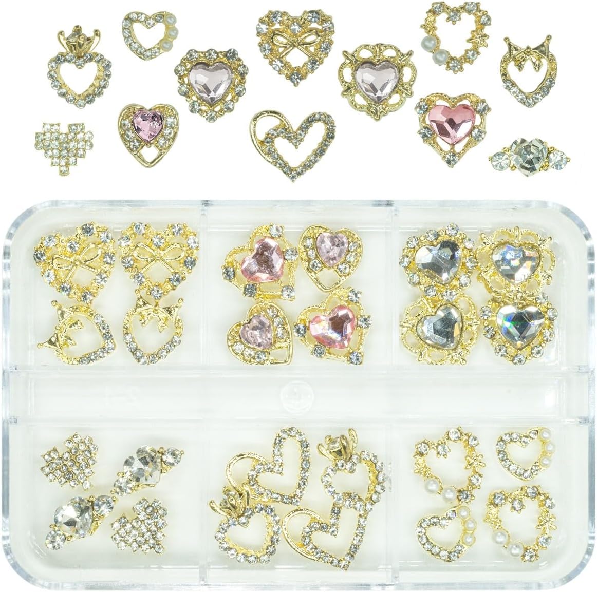 qiipii – 24 dijes de aleación de lujo para uñas, 12 pares de diamantes de imitación dorados 3D para uñas, gemas de cristal doradas, piedras de