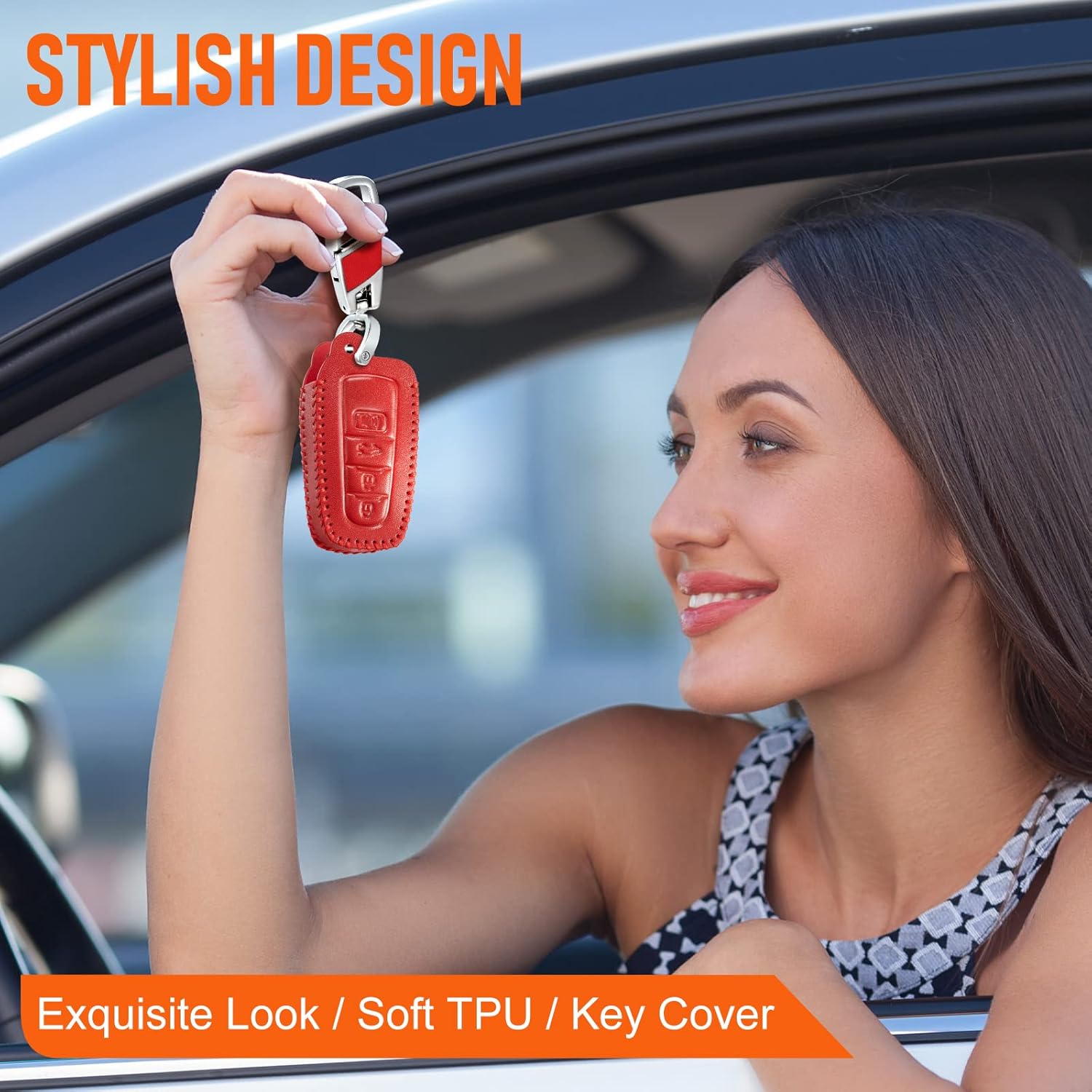 Funda de cuero para llavero de Toyota para Camry 4 botones, funda de cuero+anillo en D+gancho Futi, Rojo –