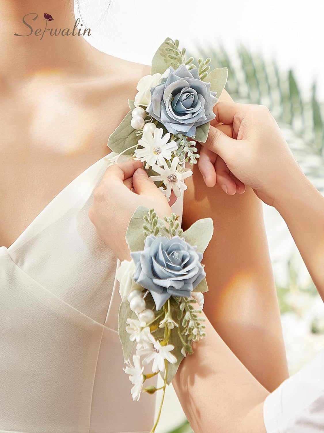 Serwalin Ramos de flores artificiales de 9.8 pulgadas y ramillete de muñeca para novia, ramo de novia para ceremonia de boda, aniversario,