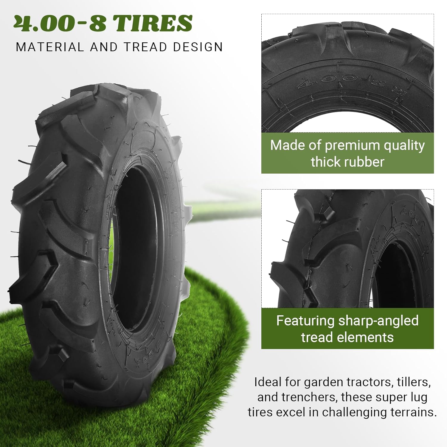 Paquete de 2 neumáticos de 4.00-8 pulgadas, sin cámara, 4PR para cortacésped, repuesto para cortacésped de césped 4.80-8 4.00-8, tractor de césped,