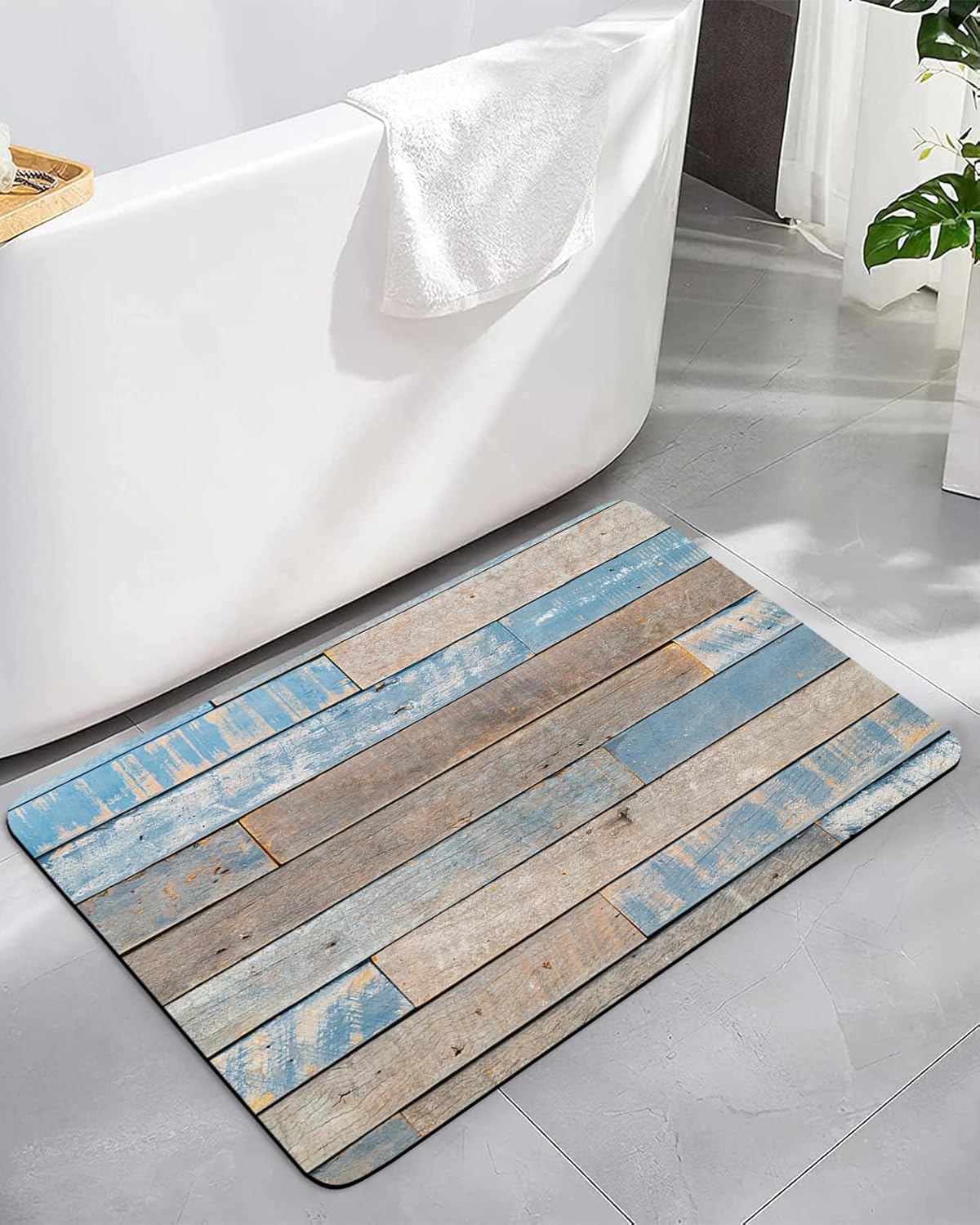 Tapete de baño de diatomeas, estilo retro campestre azul y marrón, tablón de madera, grano de madera, tapete delgado absorbente de baño de secado
