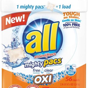 all Mighty Pacs – Detergente para ropa con quitamanchas y blanqueadores OXI, transparente, bolsa, 56 unidades all Mighty Pacs – Detergente para ropa con quitamanchas y blanqueadores OXI, transparente, bolsa, 56 unidades