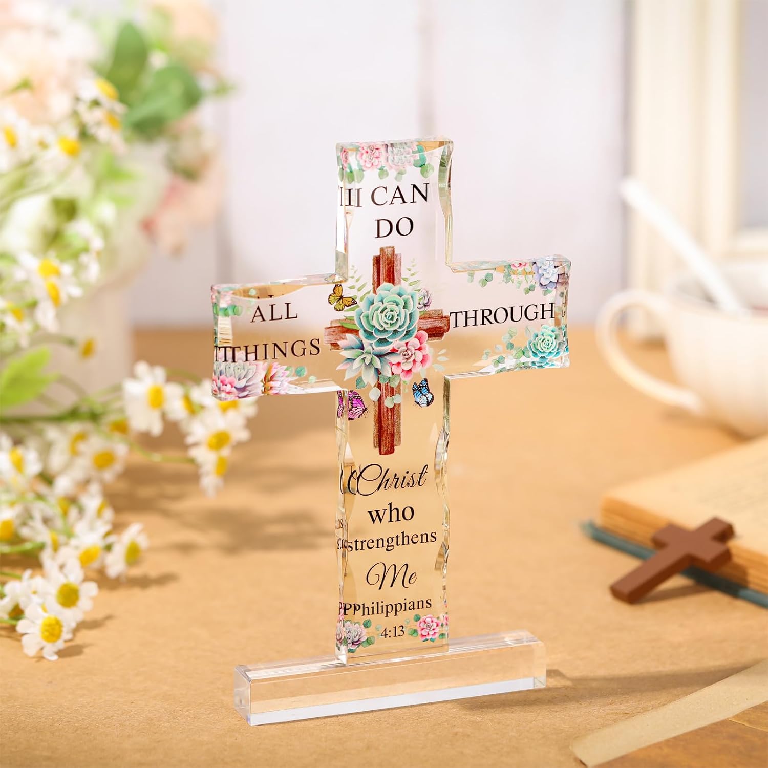 Regalos inspiradores de cruz cristiana de acrílico con versículos de la Biblia y oraciones, girasol, regalos religiosos de las Escrituras para