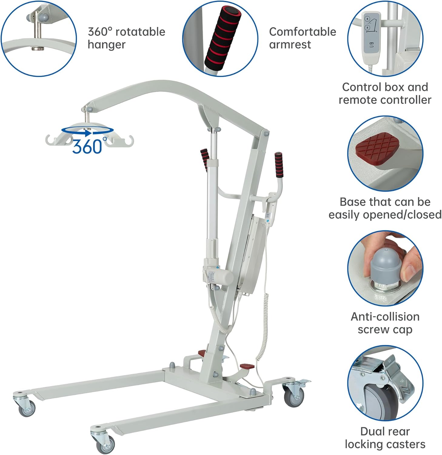 Restisland Elevador eléctrico para pacientes, batería recargable de alta capacidad, base baja, capacidad de peso de 400 libras con U-Sling medio,