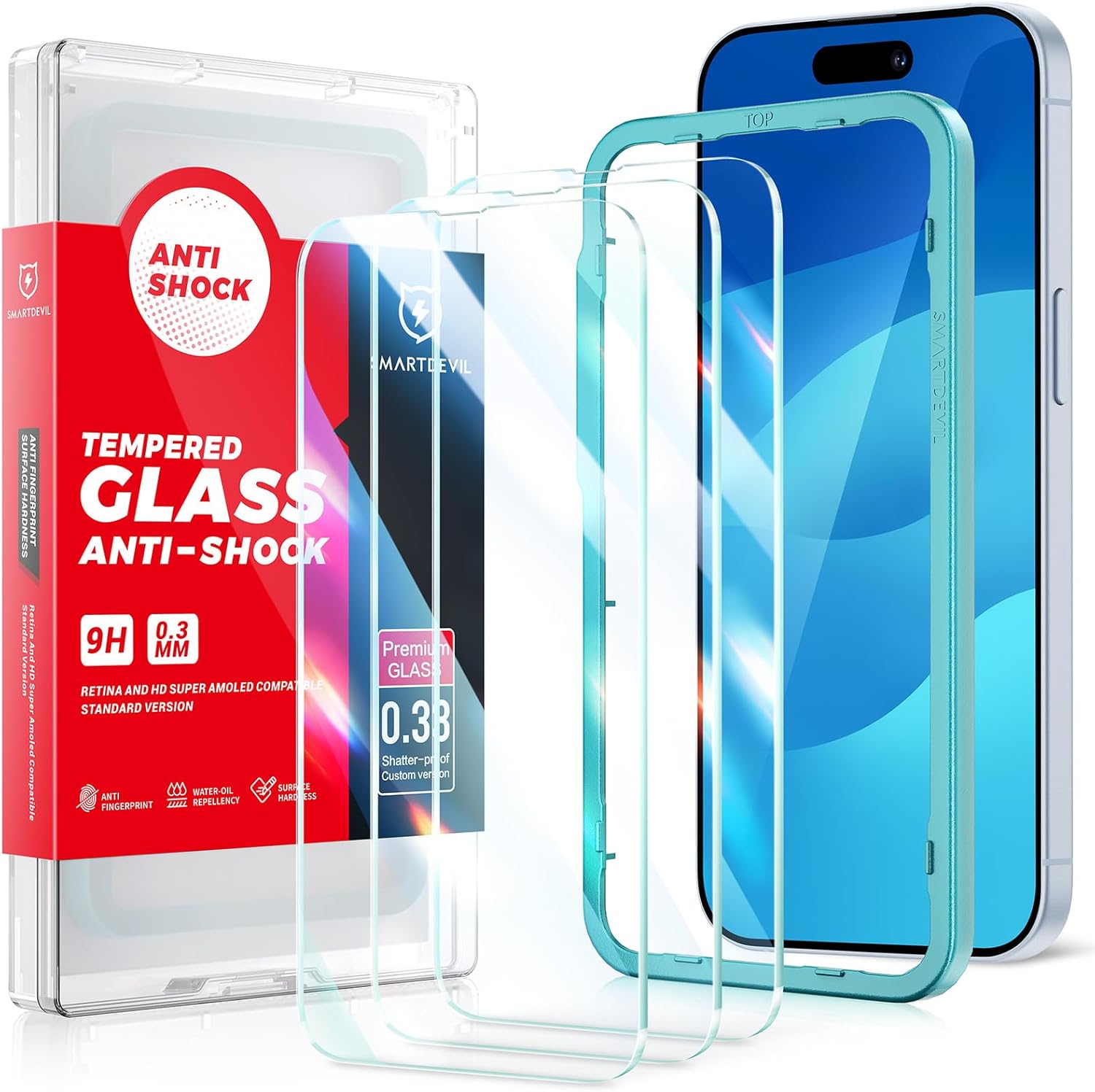 SmartDevil Paquete de 3 protectores de pantalla para iPhone 15 6.1 pulgadas Paquete de 3 películas de vidrio templado para 15, sin burbujas, funda
