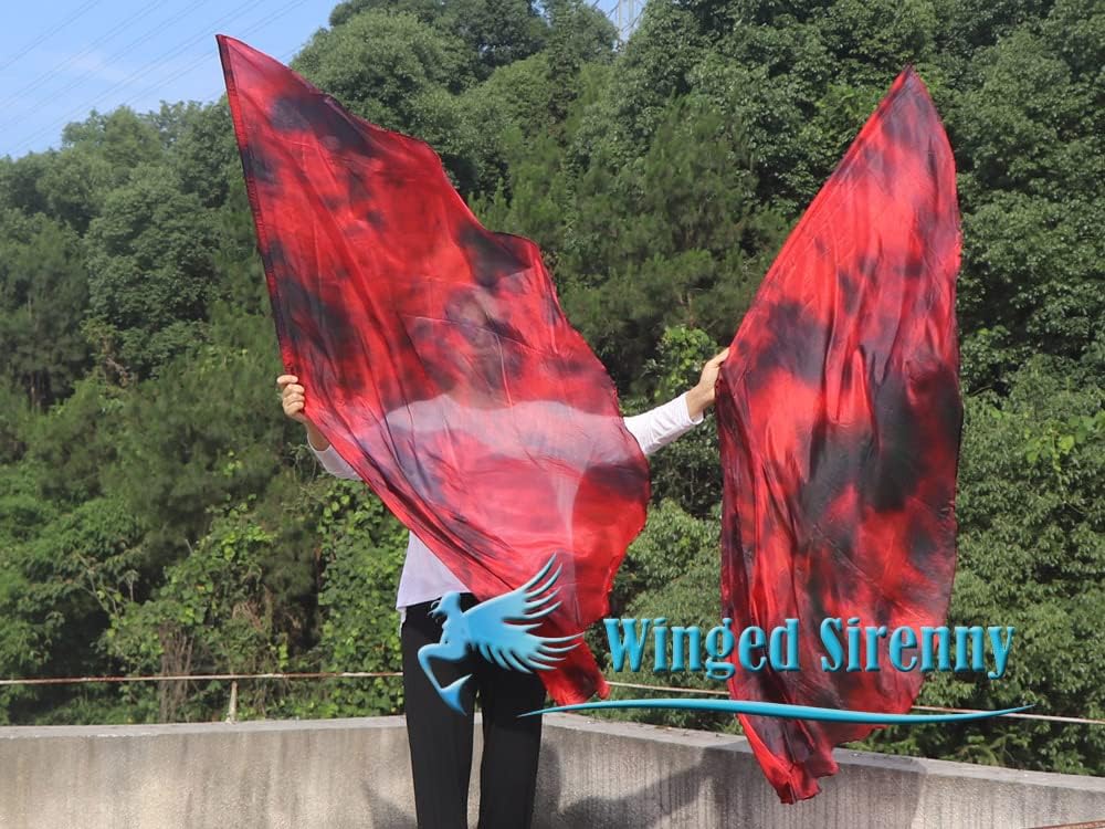 Winged Sirenny Banderas de seda de ala de ángel de adoración de 70 pulgadas con varillas flexibles, pancarta circular de seda translúcida con plumas