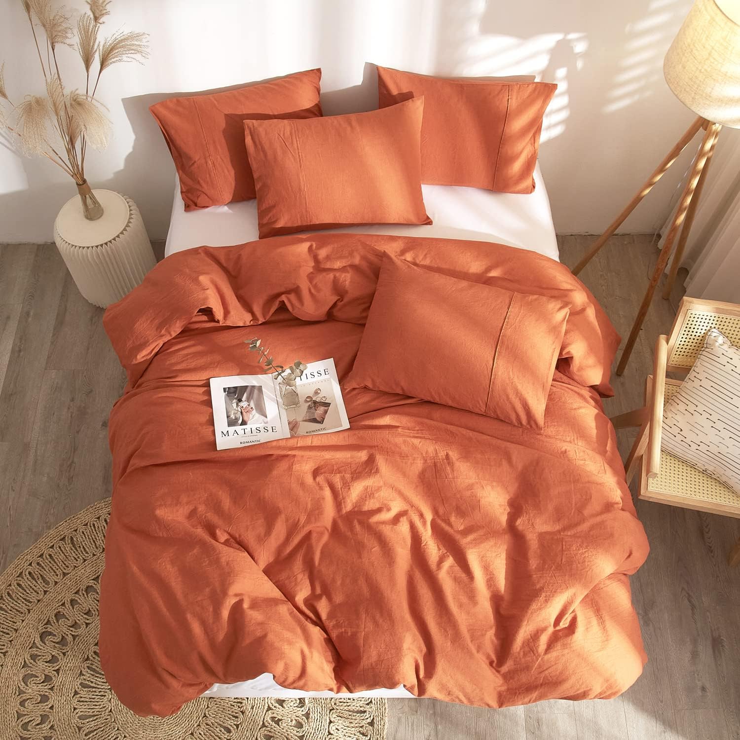 Ivellow Funda de edredón de lino naranja quemado, tamaño Queen, 100% lino francés lavado, funda de edredón de lino puro, tamaño Queen, suave,
