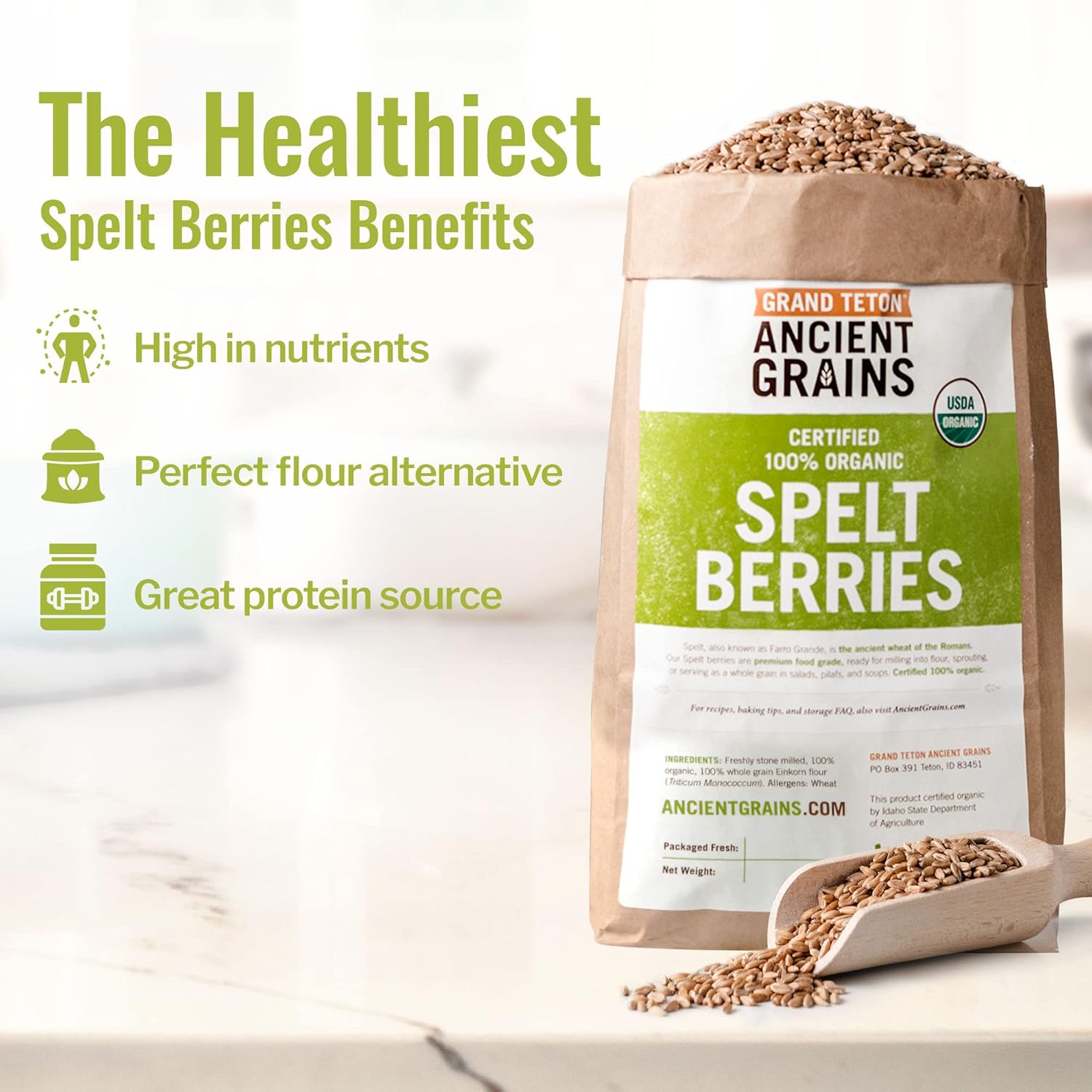 Grand Teton Ancient Grains – Bayas de espelta 100% orgánicas, bayas enteras de espelta sin moler, grano orgánico Farro cultivado en Estados Unidos,