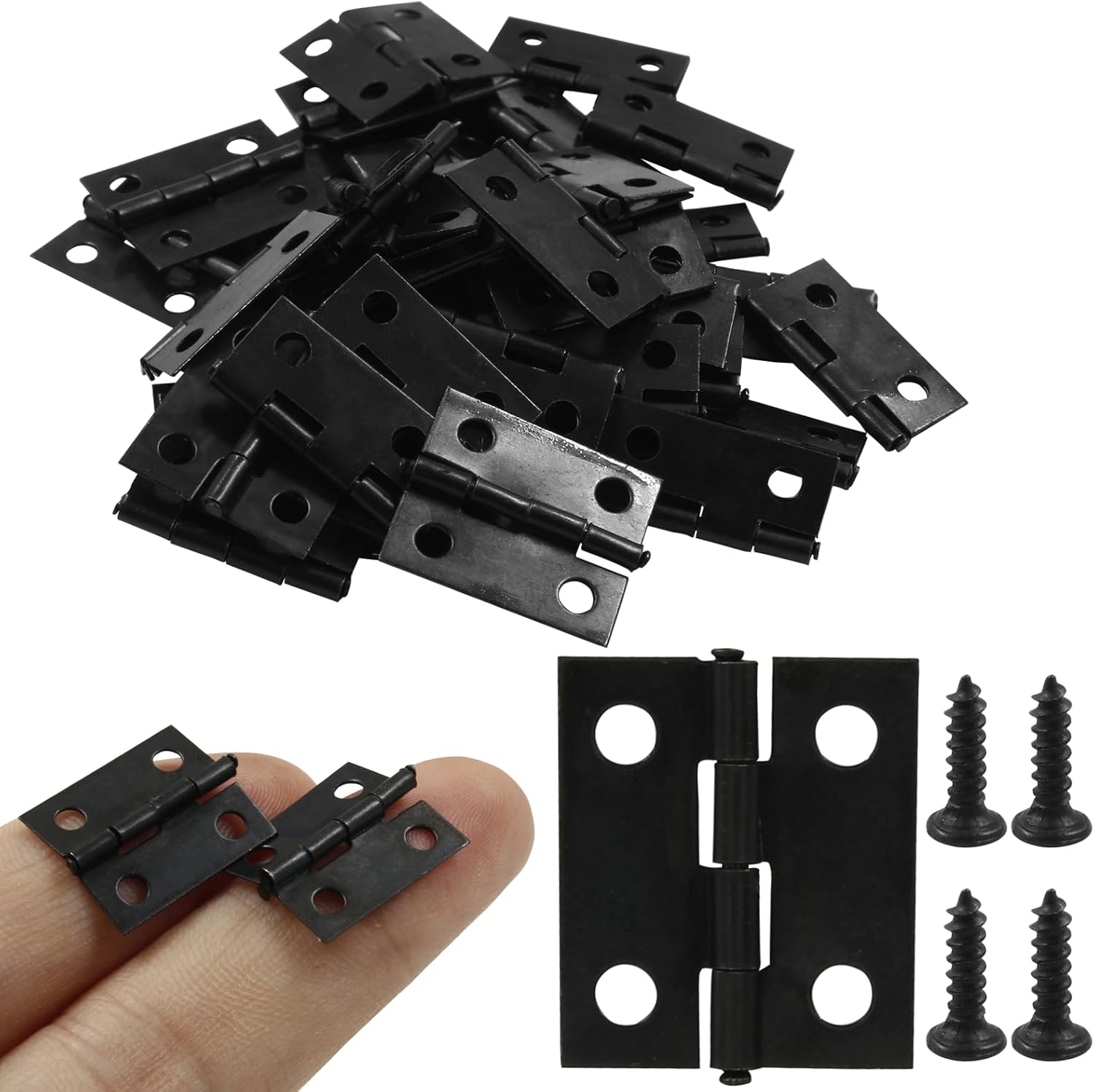 Zorveiio 50 bisagras pequeñas, bisagras pequeñas de 0.73 x 0.59 pulgadas, bisagras negras mate, pequeñas bisagras con caja de almacenamiento,