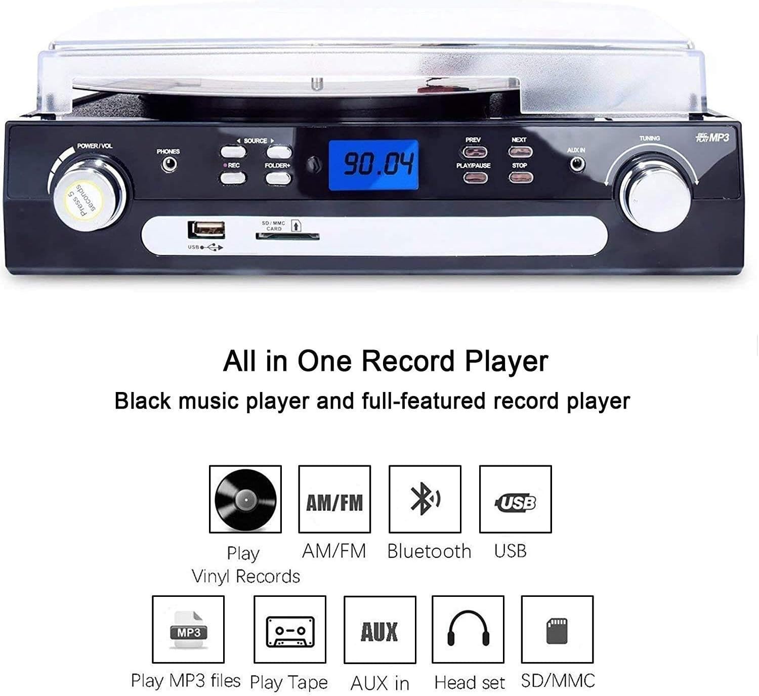 DIGITNOW Tocadiscos Bluetooth con altavoces estéreo, tocadiscos para vinilo a MP3 con reproducción de cassette, radio AMFM, control remoto,