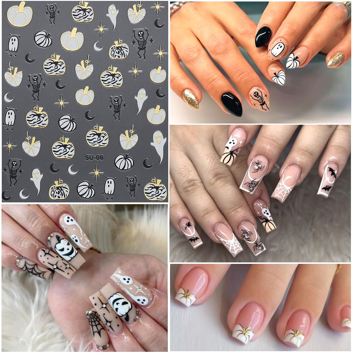 8 hojas de calcomanías de arte de uñas de Halloween, lindas calcomanías de calabaza fantasma, 3D, autoadhesivas, telaraña, murciélago, fantasmas,