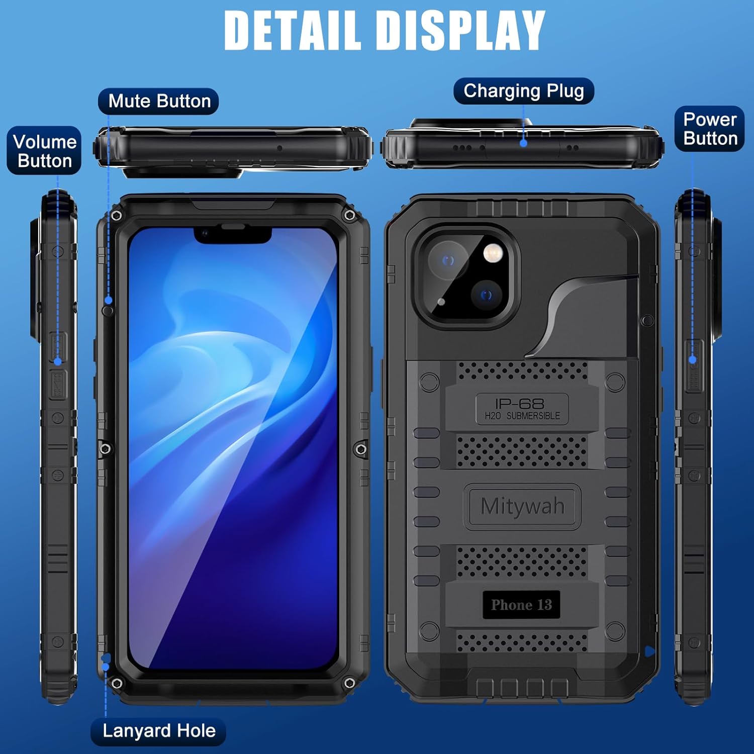 Mitywah Funda impermeable para iPhone 13, funda de metal resistente de grado militar, funda protectora de pantalla integrada a prueba de golpes,
