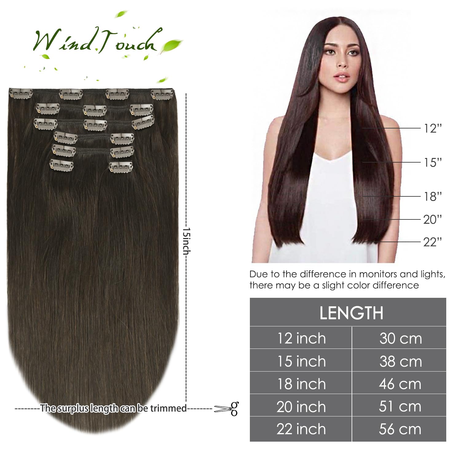Extensiones de cabello humano Remy suave con pinzas, color castaño oscuro, 2.47onzas, N. 2, 20pulgadas, 7 unidades, para mujer y Día del Amor y la