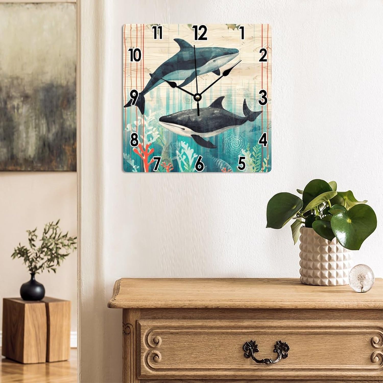 Reloj de pared decorativo rústico de 12 x 12 pulgadas, reloj de pared de PVC con acuarela, ballena, vintage, náutico, costero, para pared, playa
