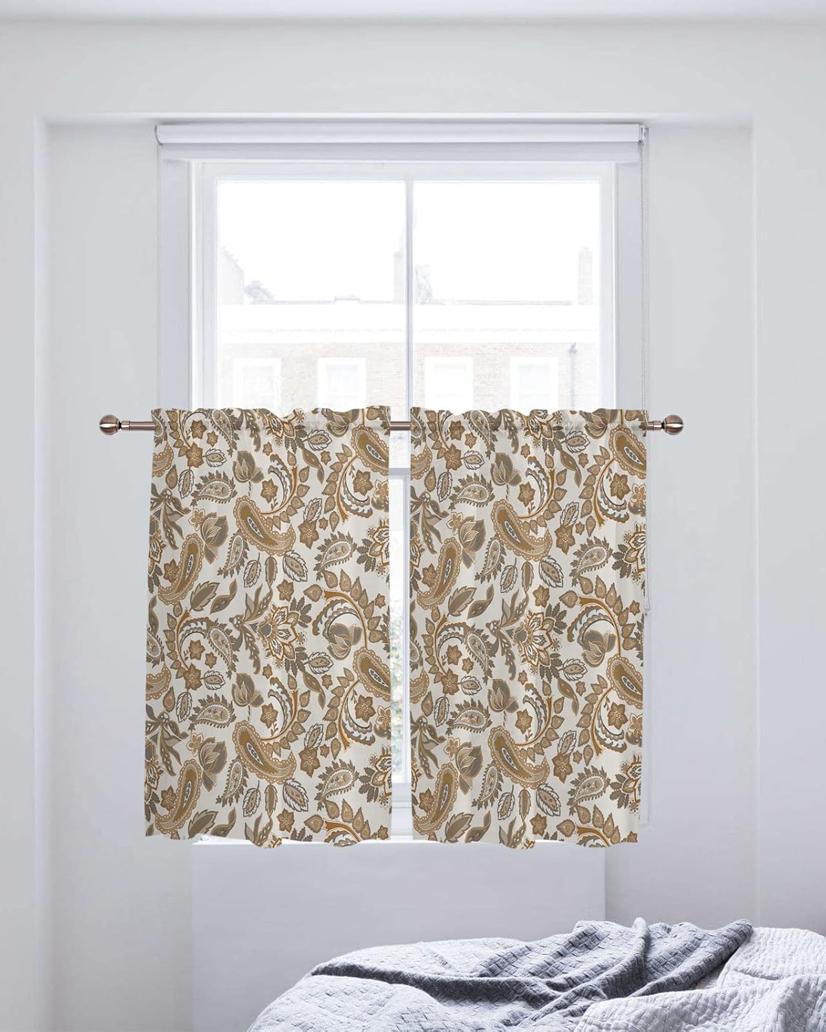RisQiten Cortinas transparentes con estampado étnico de cachemira marrón para baño, juego de 2 paneles de 54 pulgadas de largo, cortinas de ventana