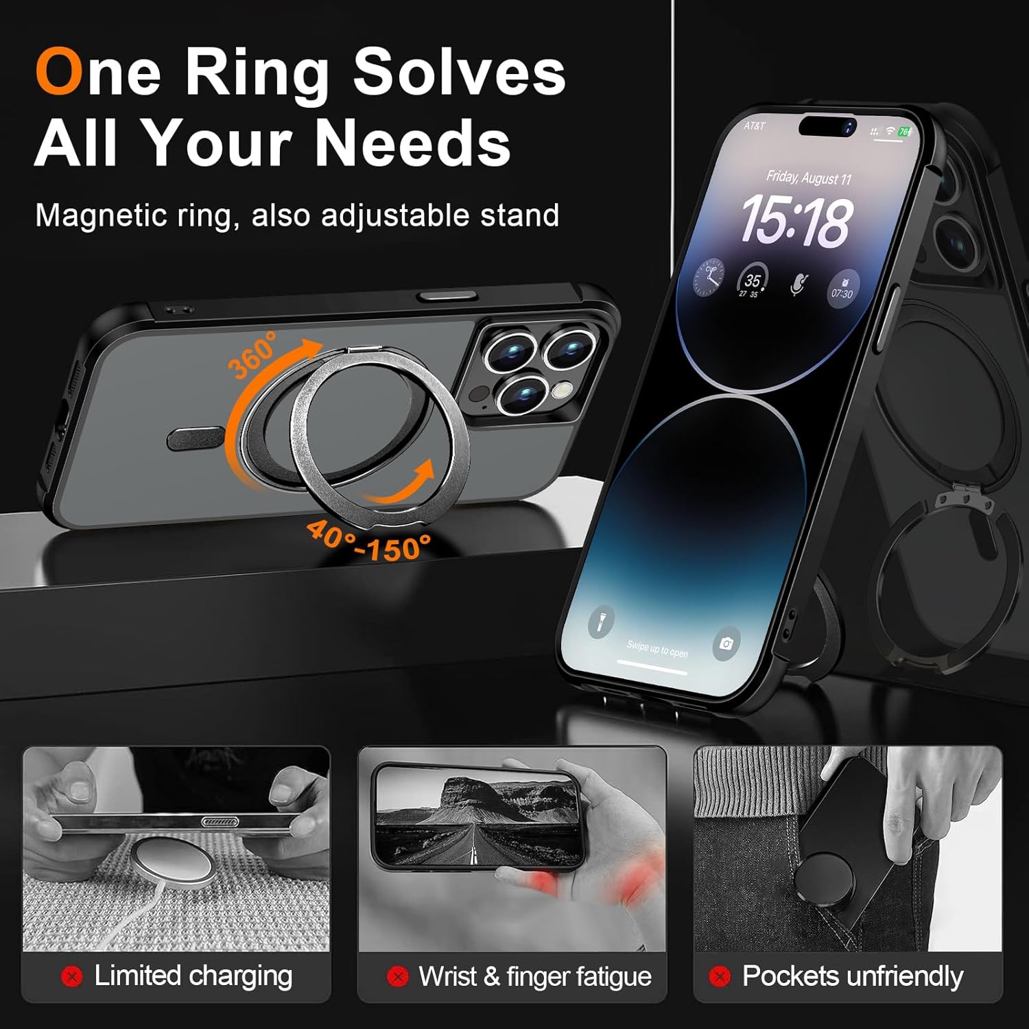 ZJMTOCYU Funda con anillo giratorio de 360 para iPhone 14 Pro Max, soporte invisible y soporte de anillo, compatible con MagSafe, protección militar