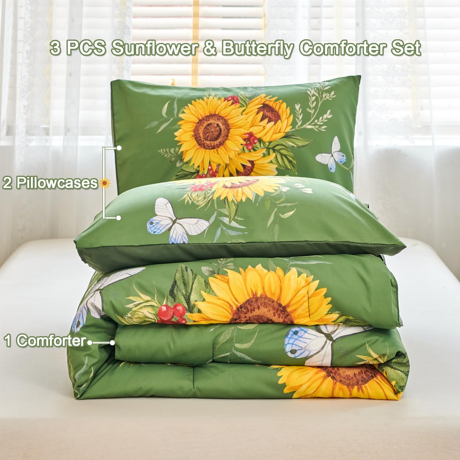 Juego de edredón verde de girasol, juego de ropa de cama de 3 piezas con flores amarillas con plumón alternativo de mariposa, juego de edredón